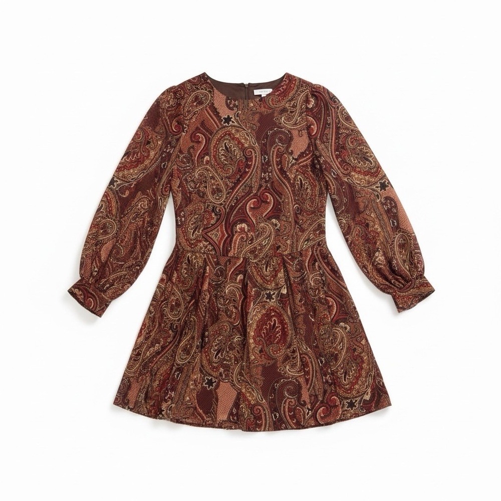 Tommy‎ Hilfiger Womens Brown Paisley Long Sleeve Pleated Mini Dress Size 8